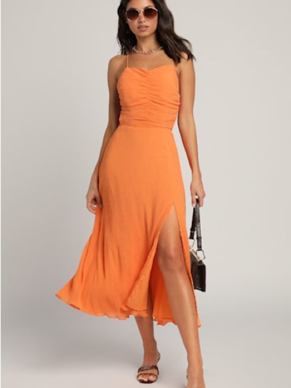 Lulu's Orange Ruched Bodice Midi Dress with Side Slit